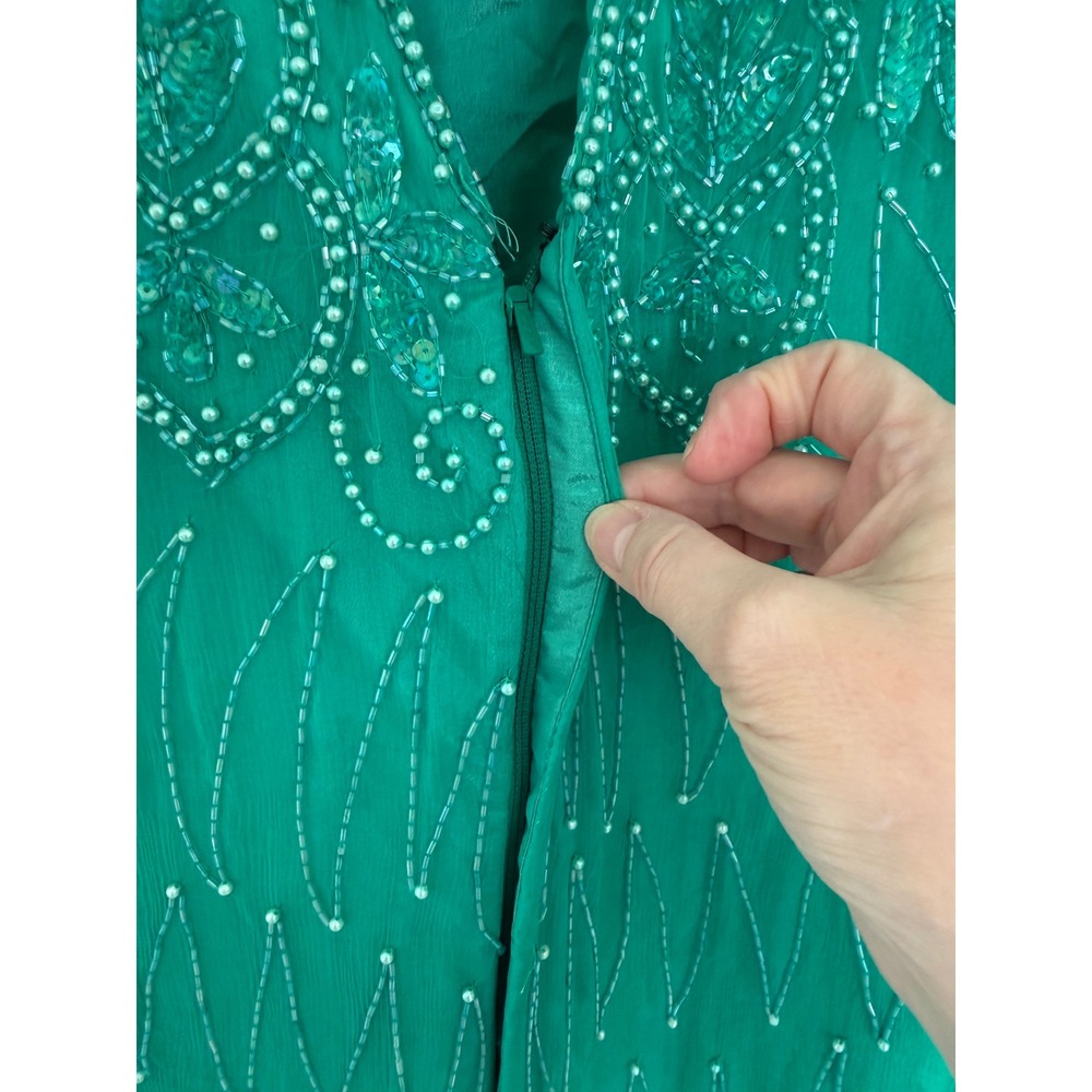 Vintage Mark & John by Gopal Women's 100%‎ Pure Silk Maxi Beaded Green Dress 2X - Picture 9 of 16